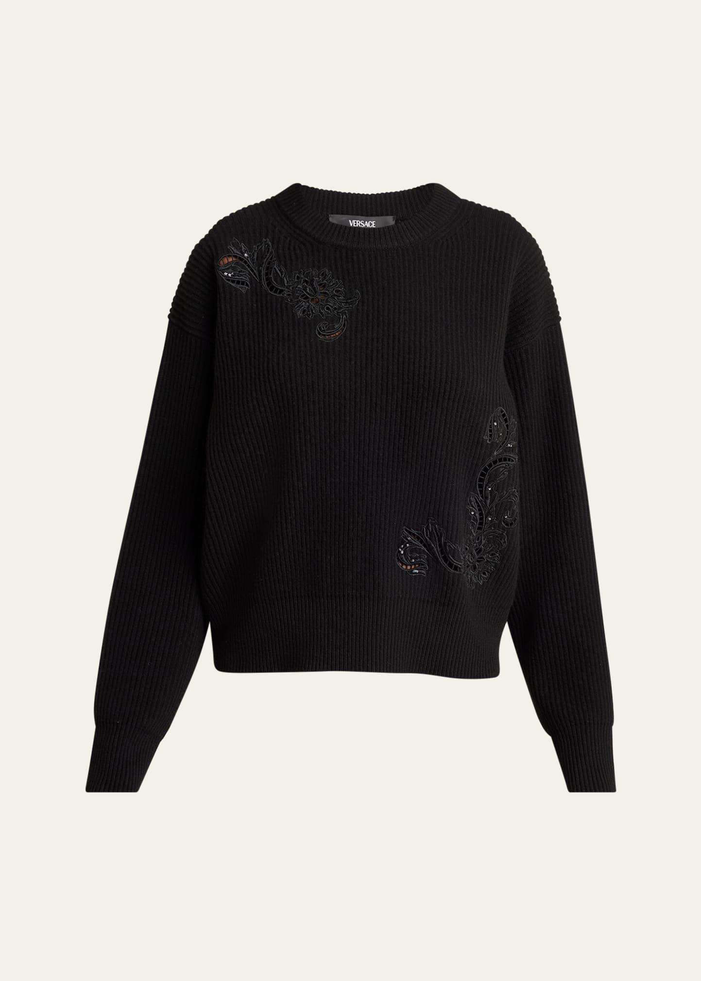 sequined barocco leaf embroidered wool sweater