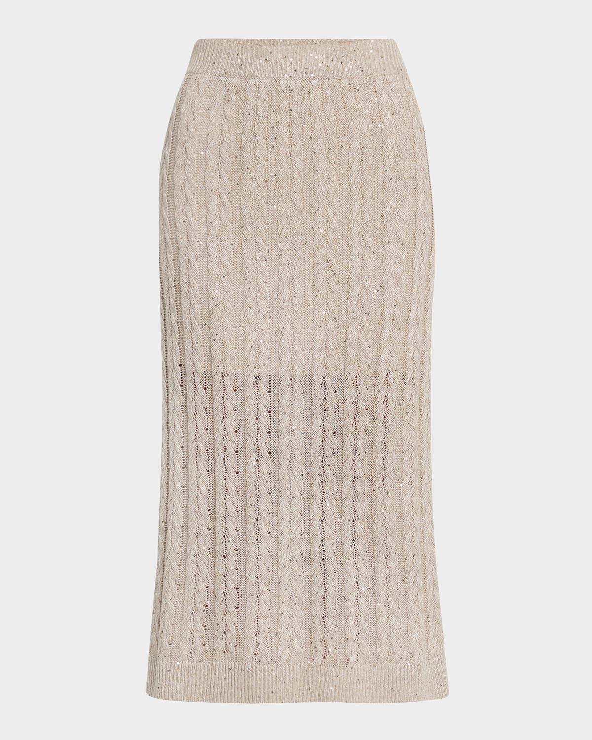sequined cable knit body-con midi skirt