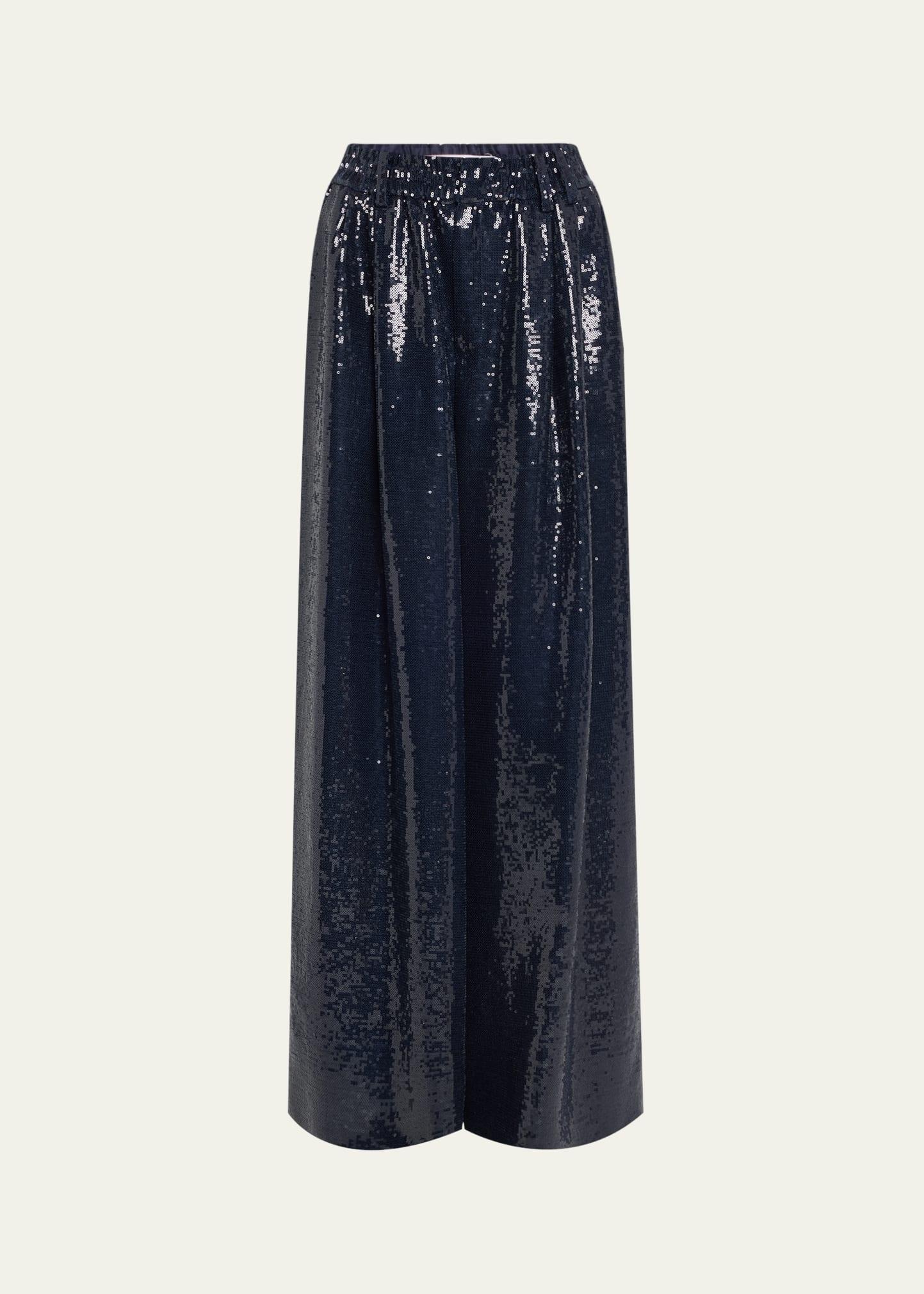 sequined elastic waist wide leg trousers