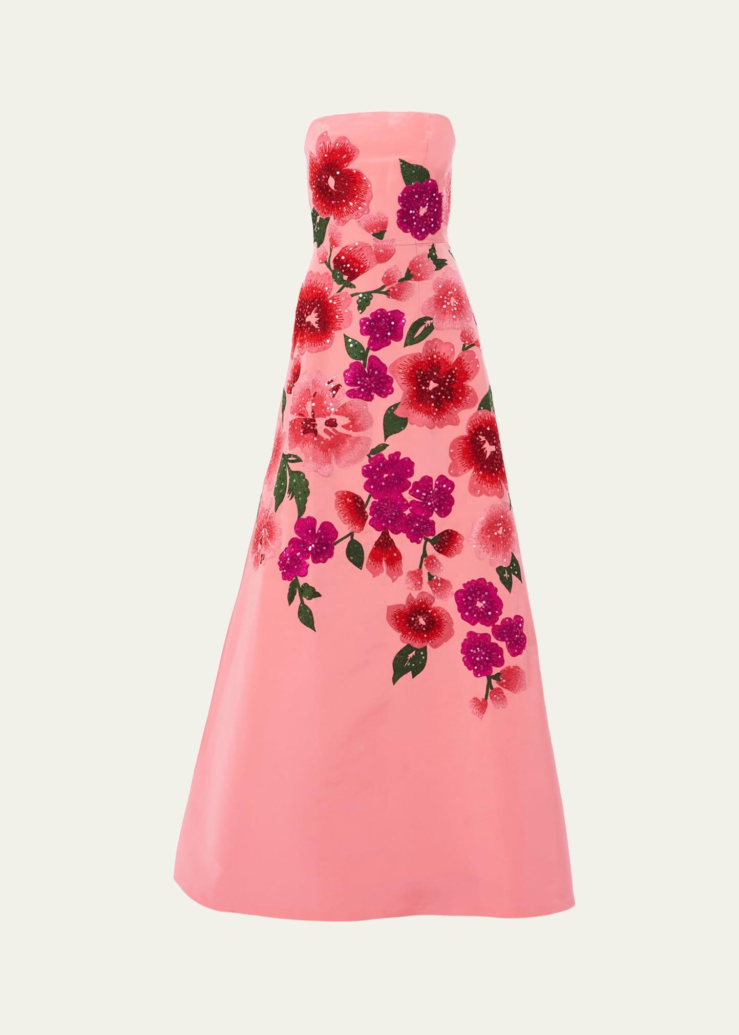 sequined floral embroidered strapless gown