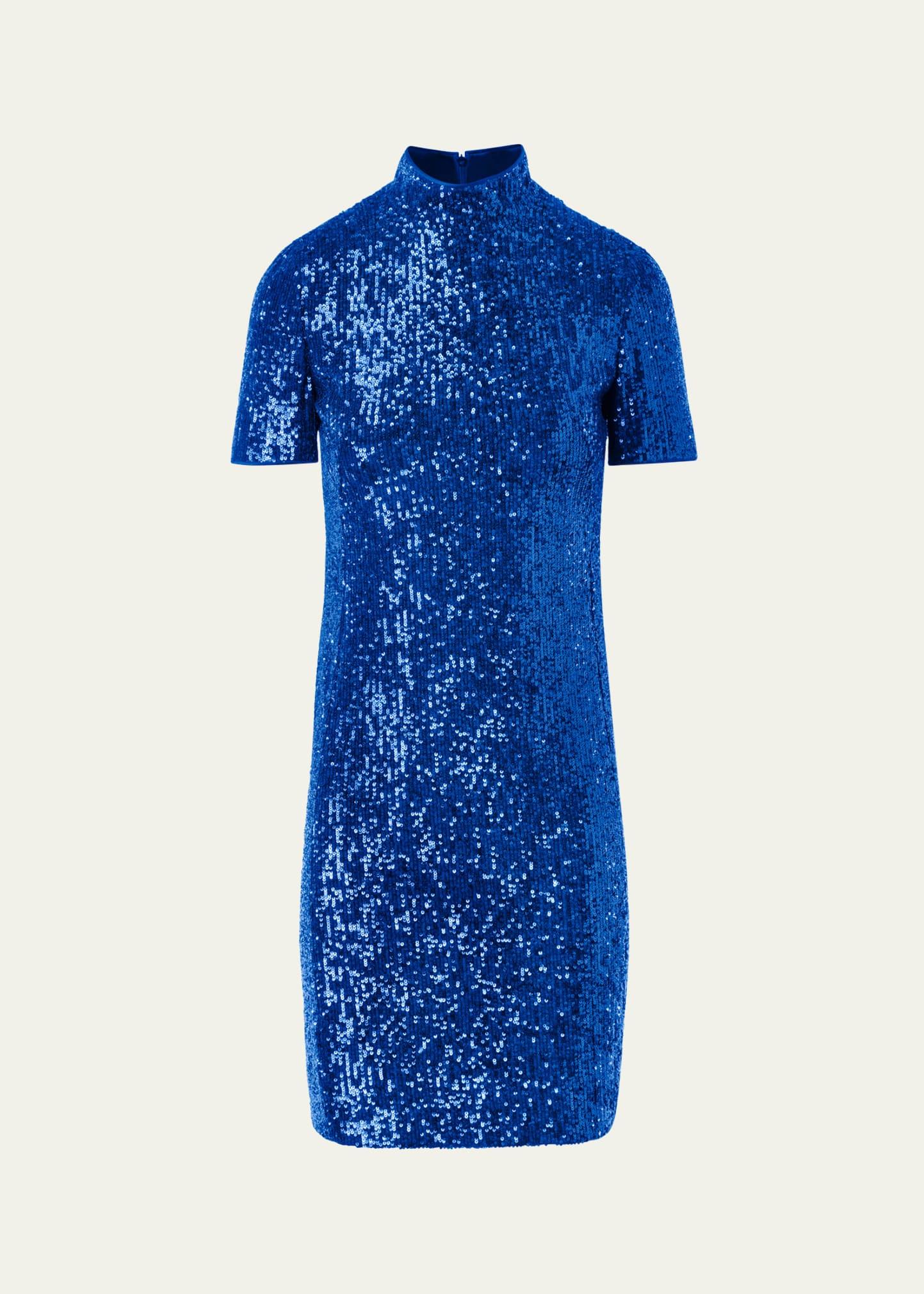 sequined jersey mock-neck mini dress