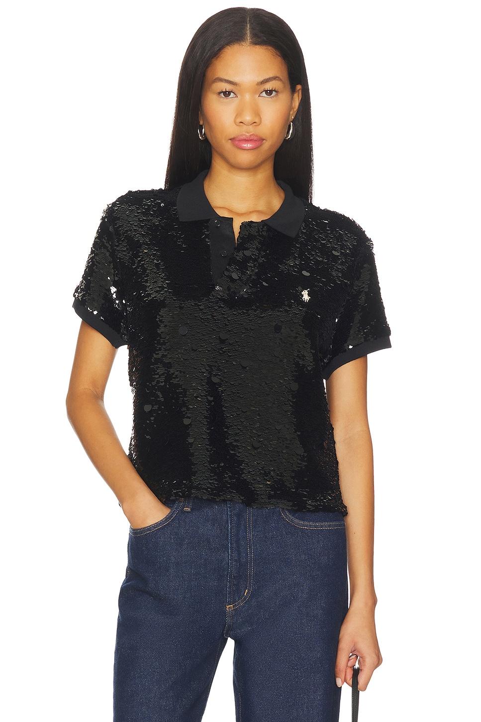 sequined mesh crop polo shirt