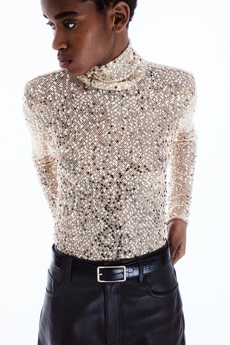 sequined mock turtleneck top