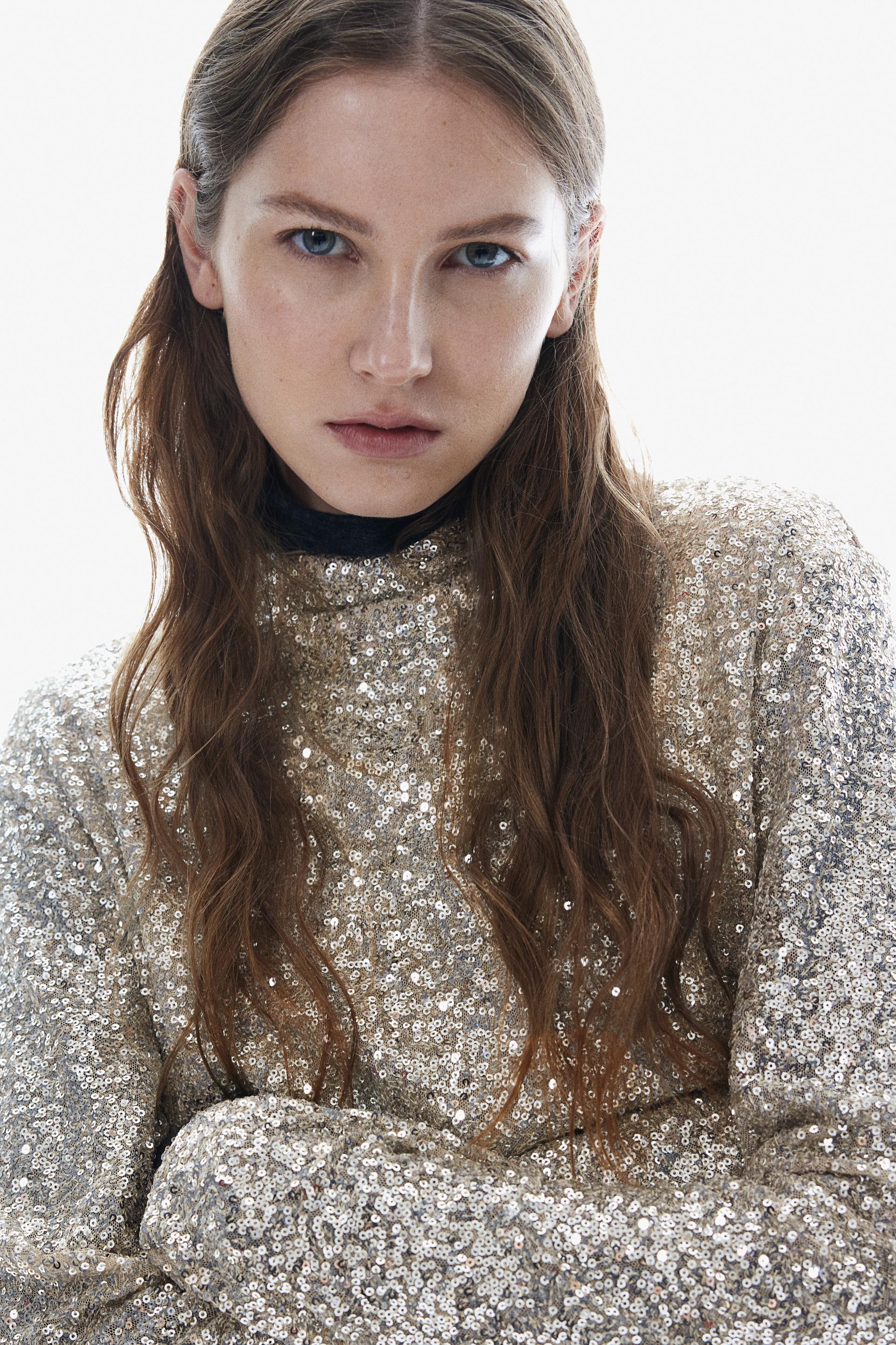 sequined mock turtleneck top