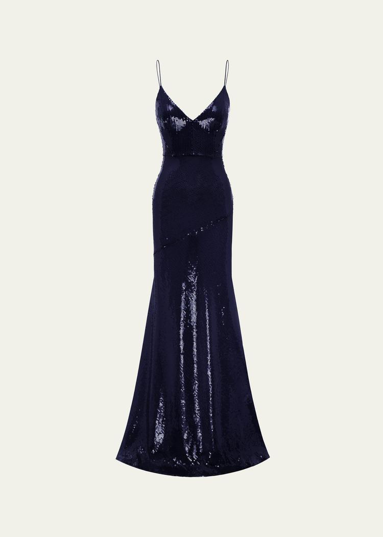 sequined paneled bikini gown, blue