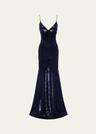 sequined paneled bikini gown, blue