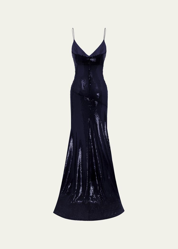 sequined paneled bikini gown, blue