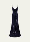 sequined paneled bikini gown, blue