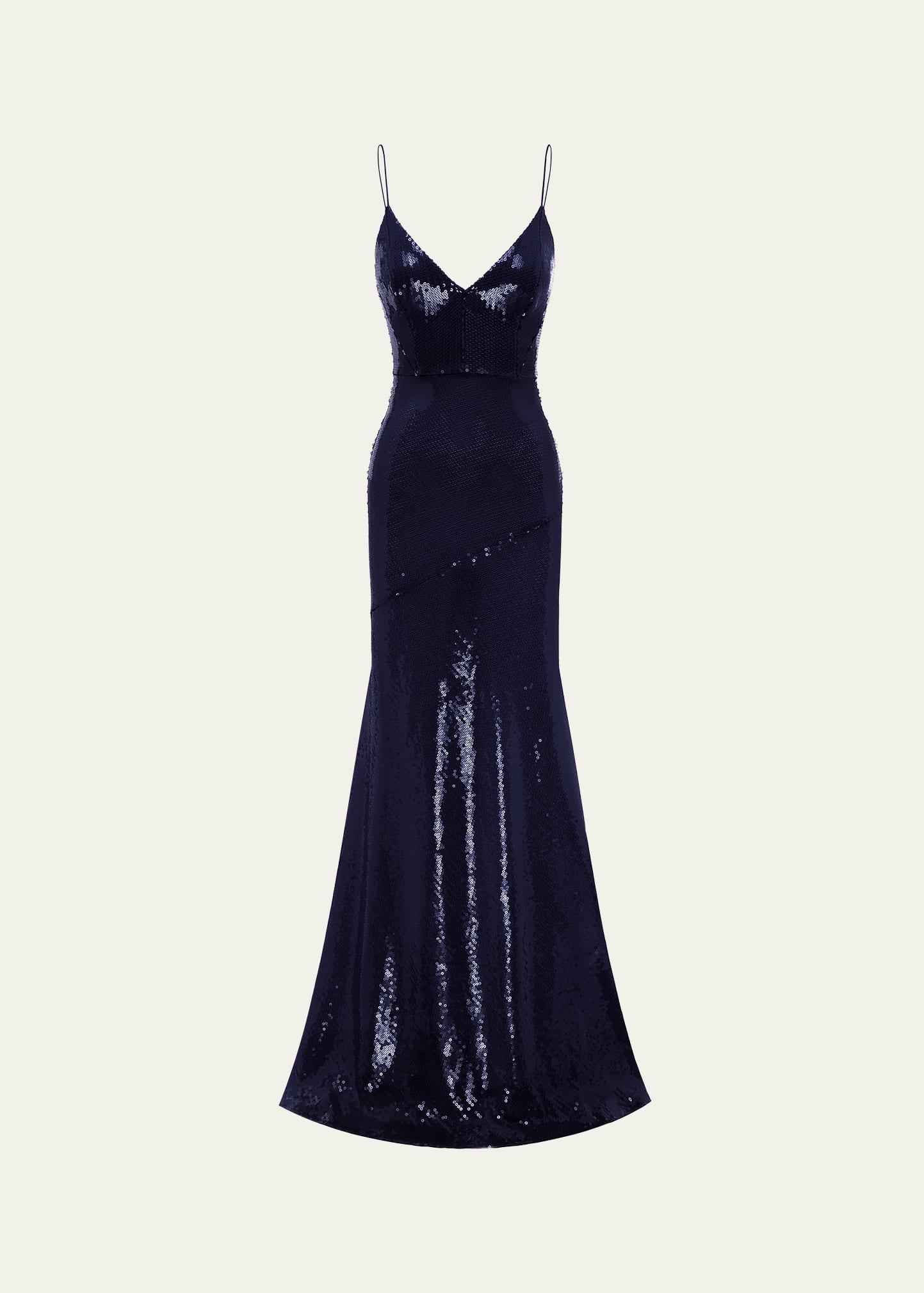 sequined paneled bikini gown, blue