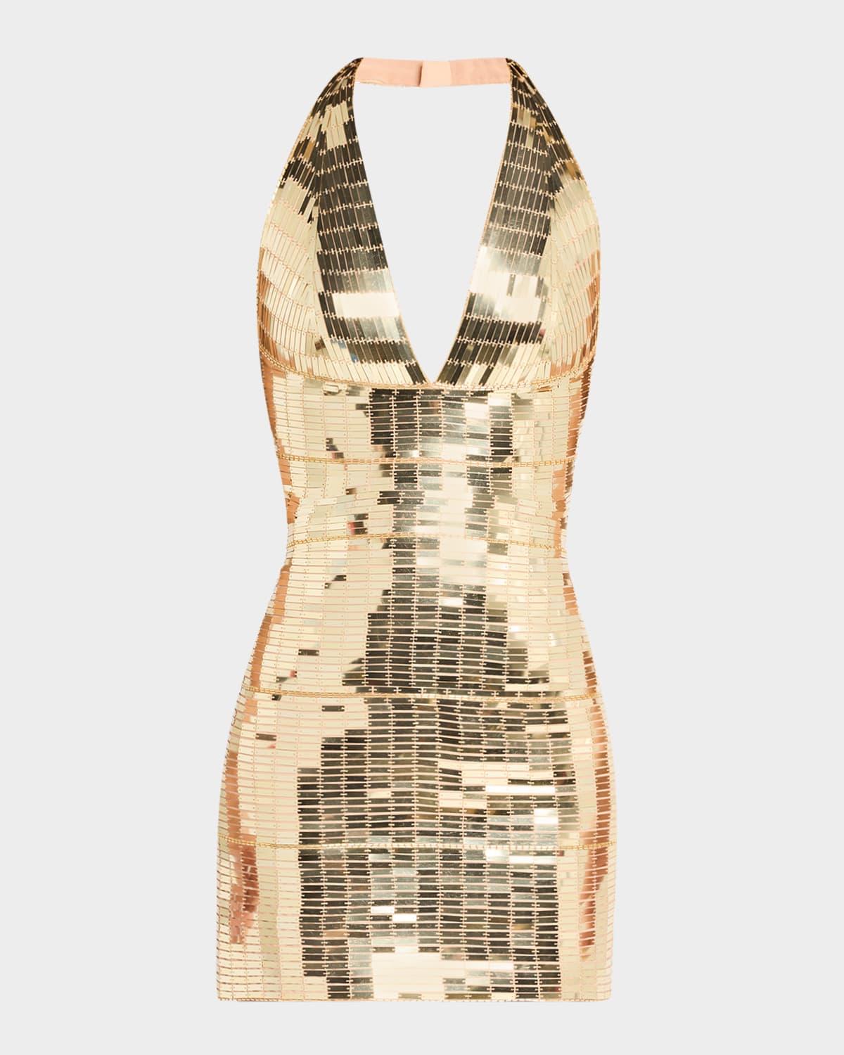 sequined plunging halter mini dress