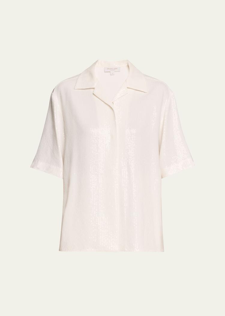 sequined short sleeve button up top