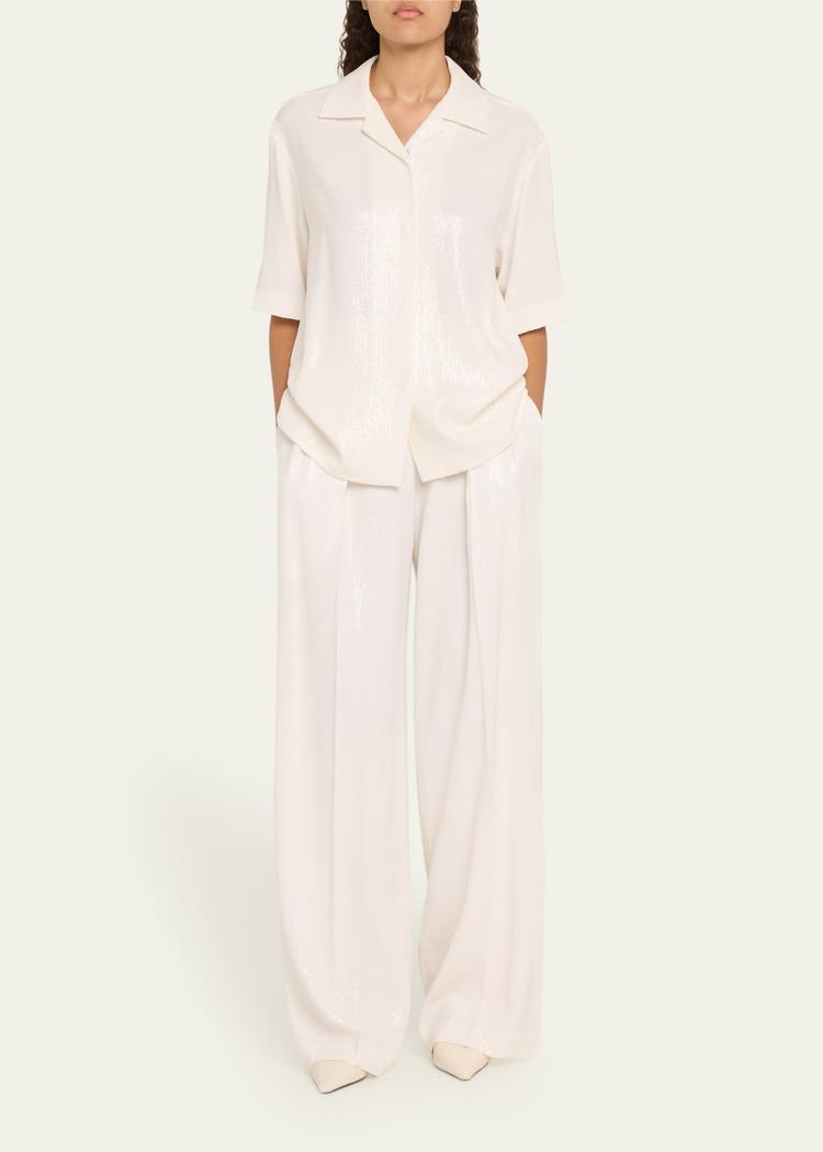sequined short sleeve button up top