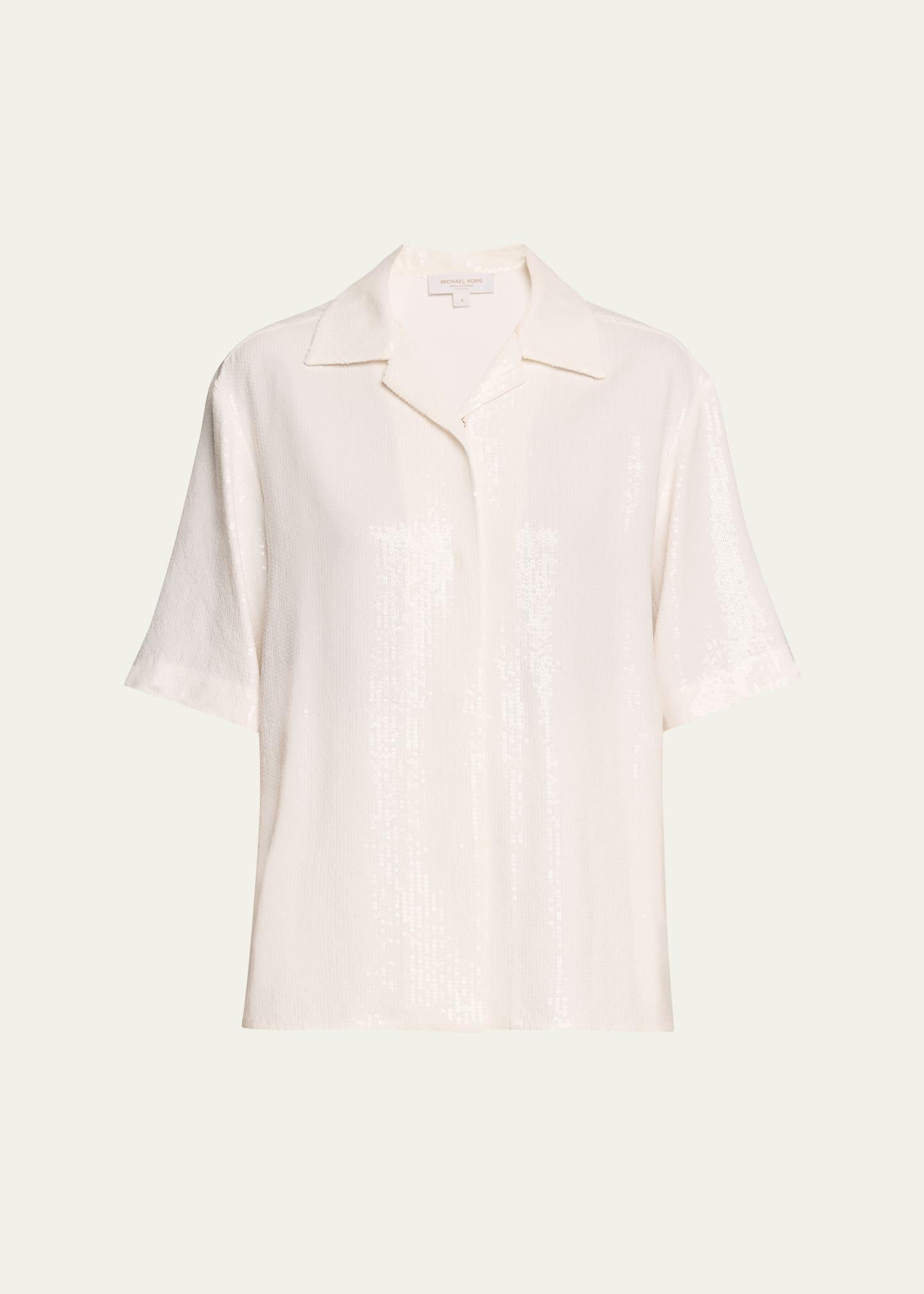 sequined short sleeve button up top