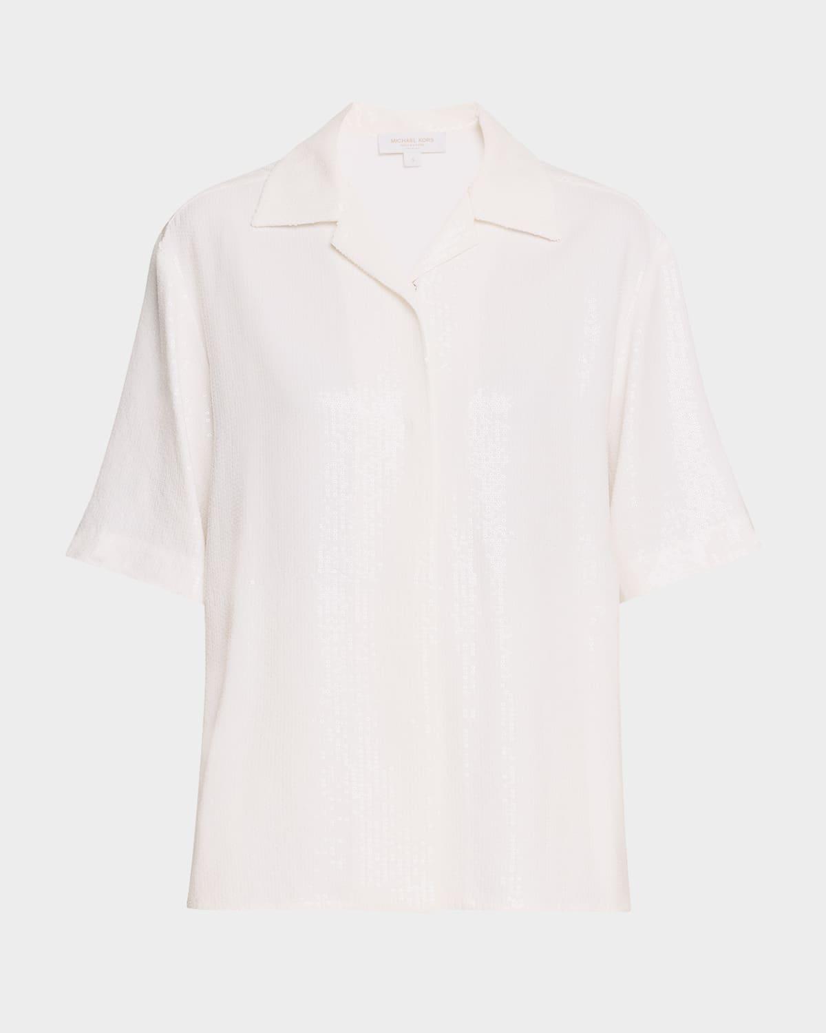 sequined short sleeve button up top