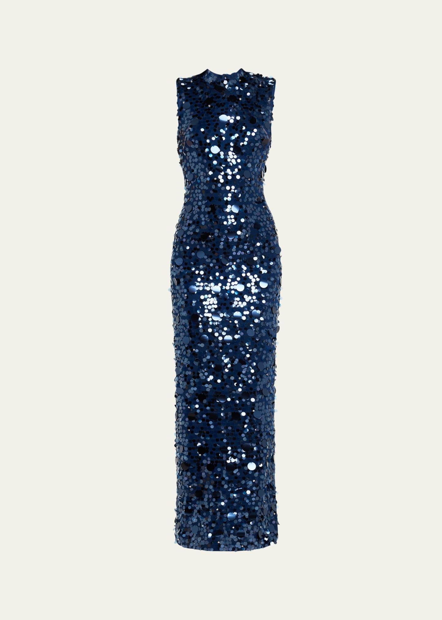 sequined sleeveless mock-neck gown