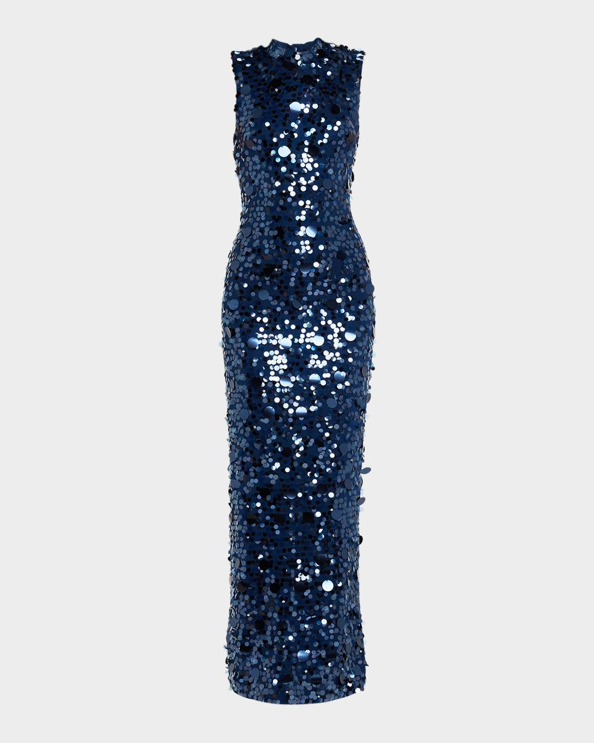 sequined sleeveless mock-neck gown