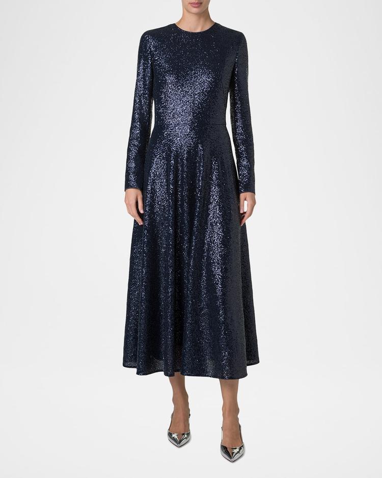 sequined stretch jersey long-sleeve midi dress