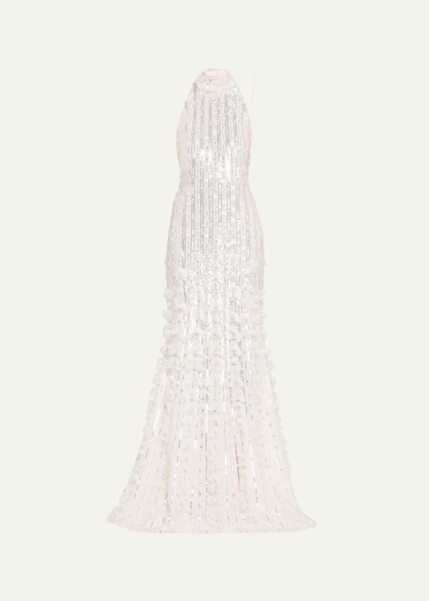sequined tulle petal halter gown