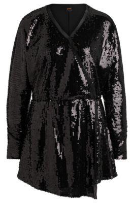 sequinned jumpsuit with wrap front- black women's day dresses