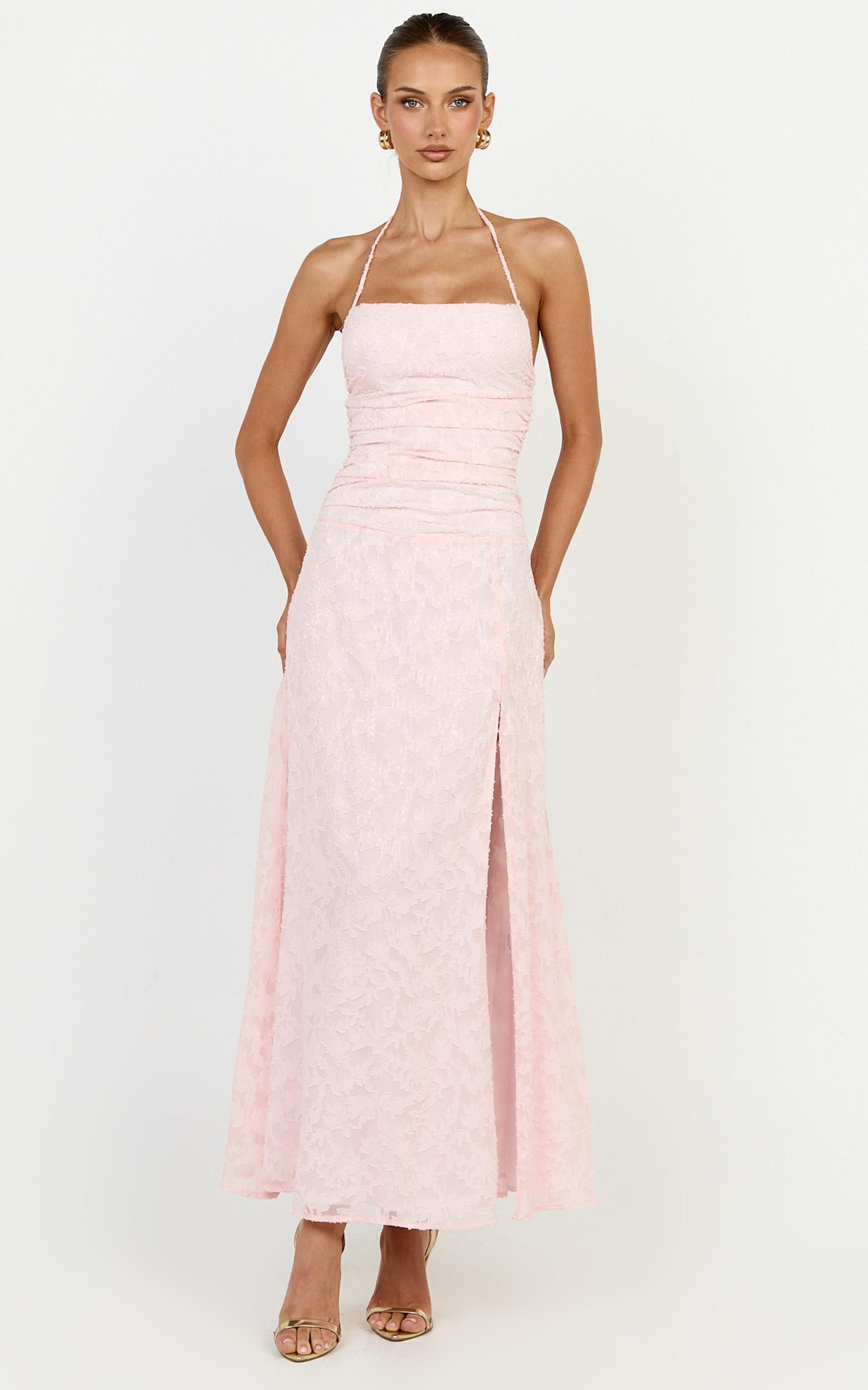 seraphina midi dress - gathered bodice halter clipped jacquard dress in pink