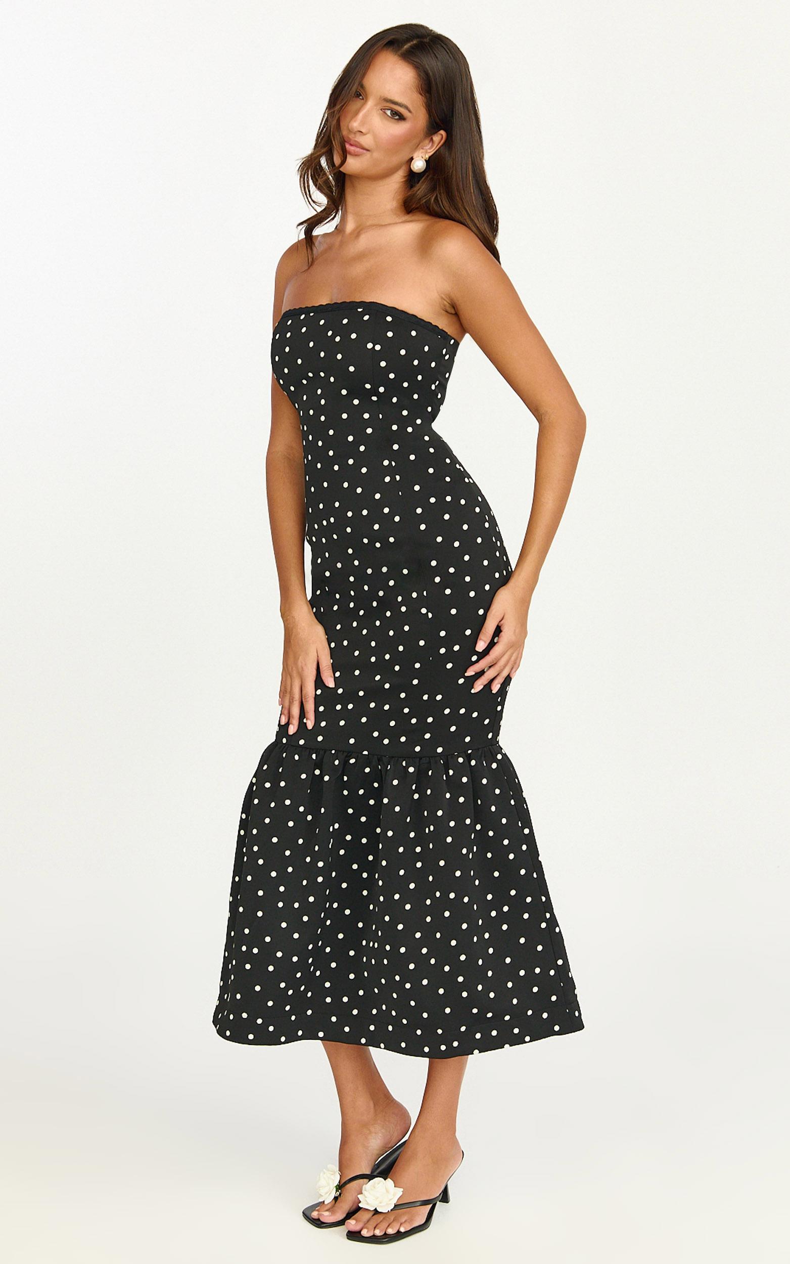 seraphina midi dress - polka dot strapless lace neck gathered mermaid skirt dress in black polka dot