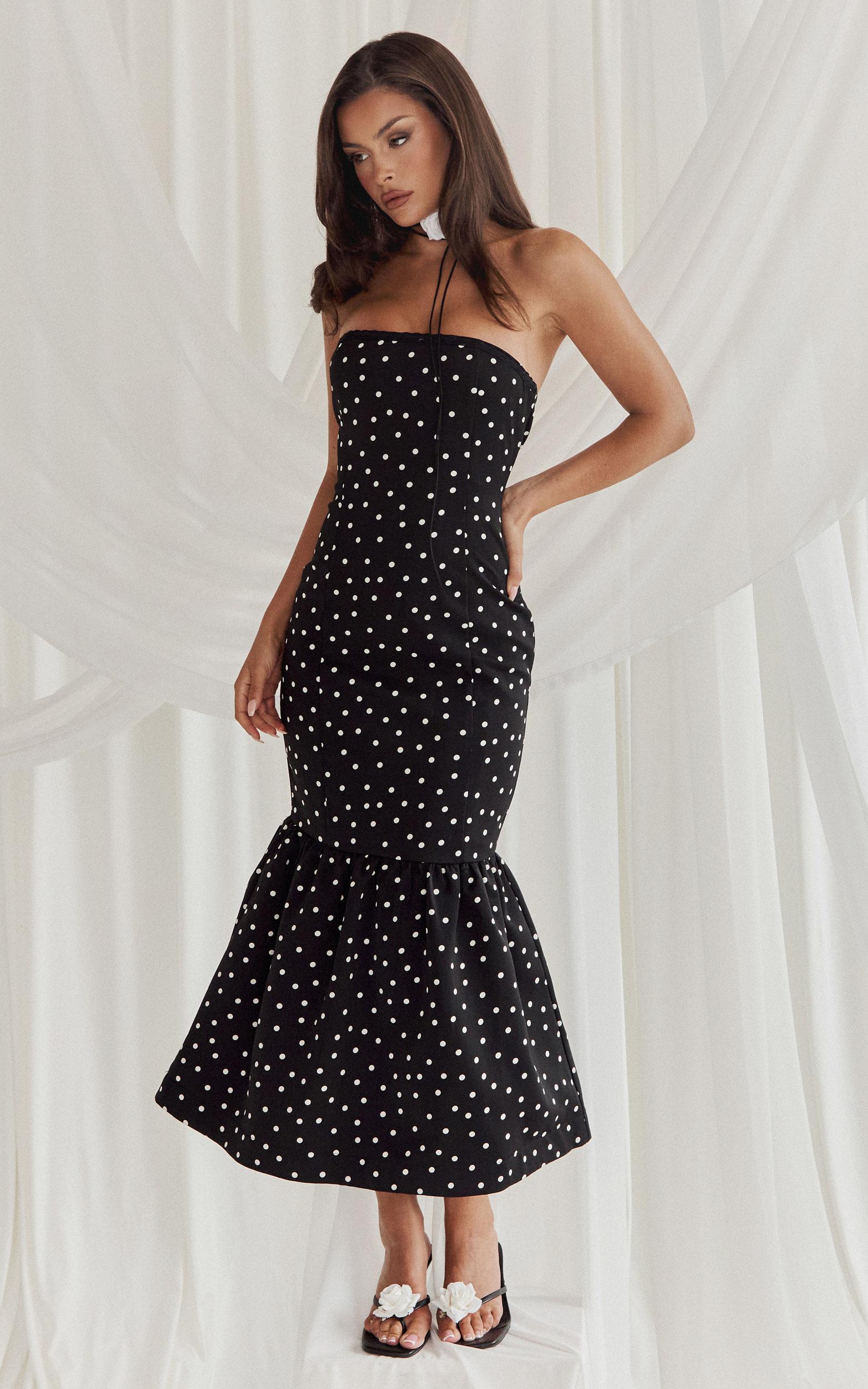 seraphina midi dress - polka dot strapless lace neck gathered mermaid skirt dress in black polka dot
