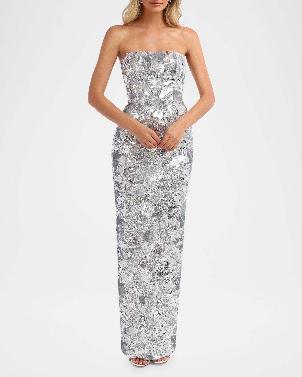 serena strapless floral sequin column gown