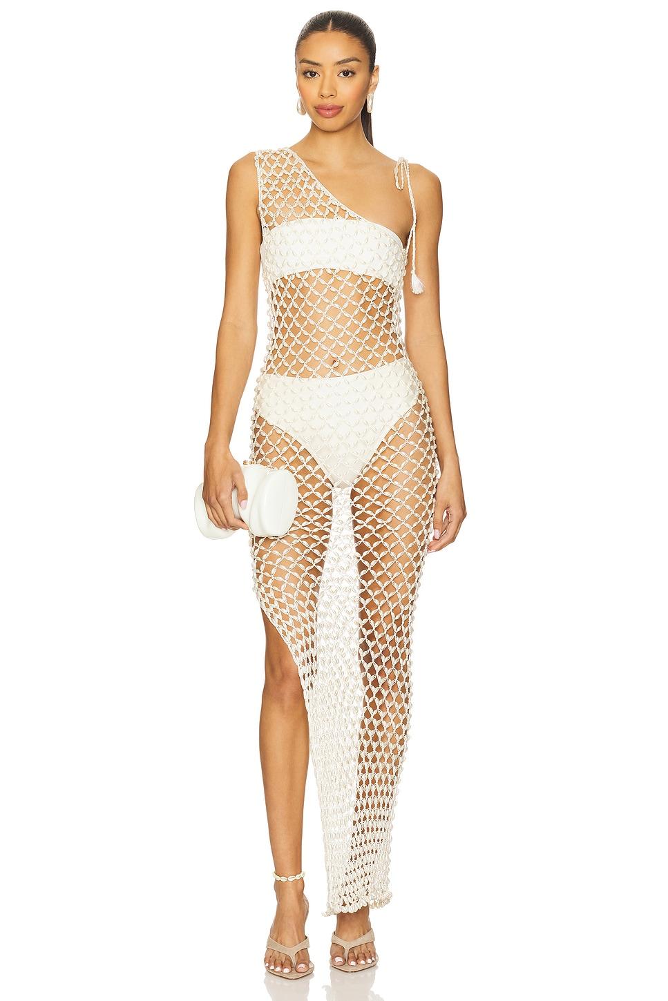 serene hand crochet pearl beaded one shoulder maxi dress