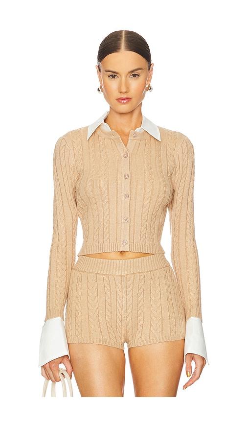 seroya eloise cable knit cardigan in tan.