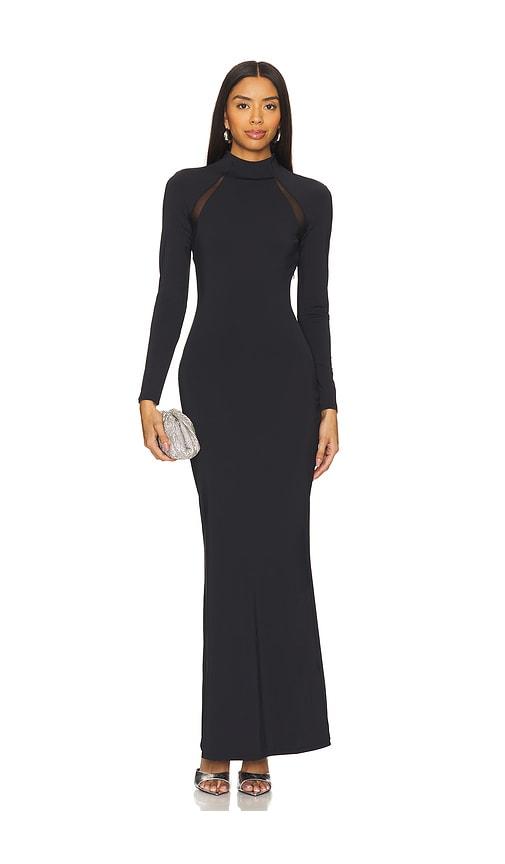 seroya krystal maxi dress with mesh paneling in black.