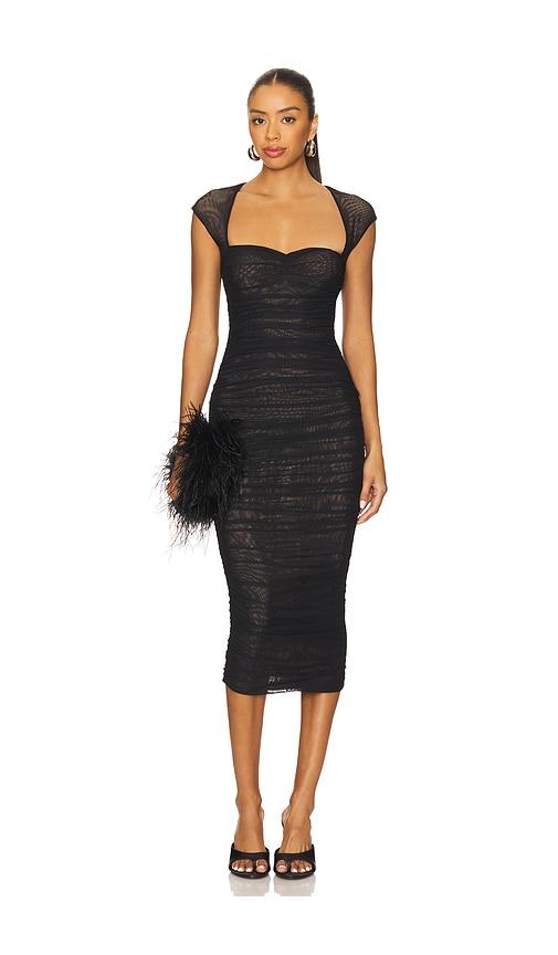 seroya kylie mesh midi dress in black.