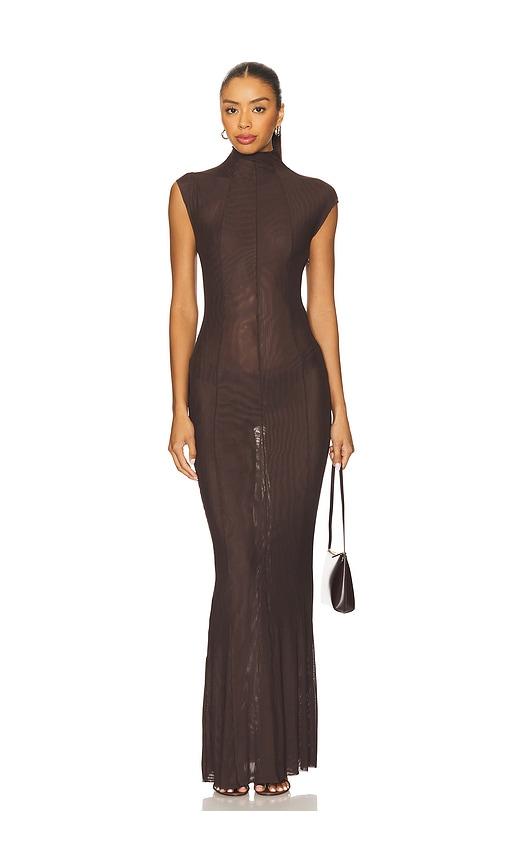 seroya laissa mesh maxi dress in chocolate.