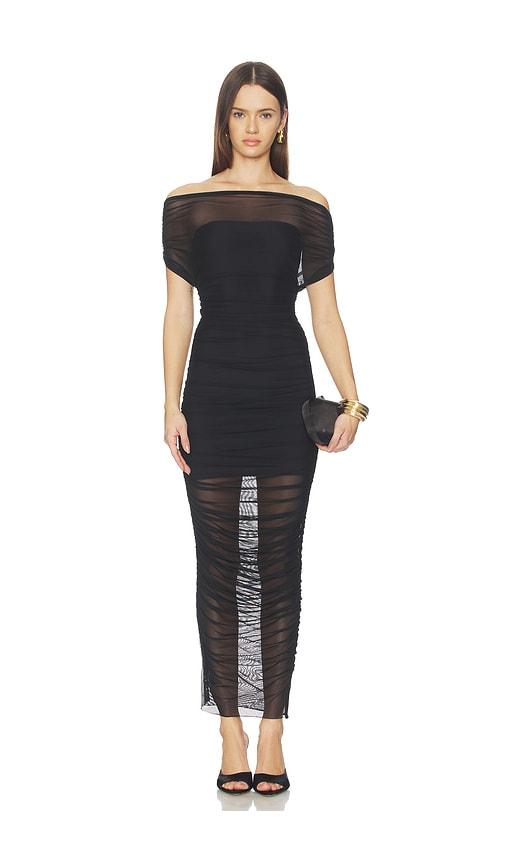seroya noel mesh midi dress in black.