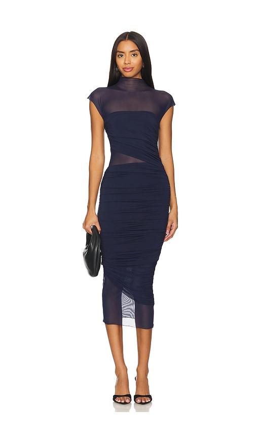 seroya tabitha mesh ruched midi dress in navy.