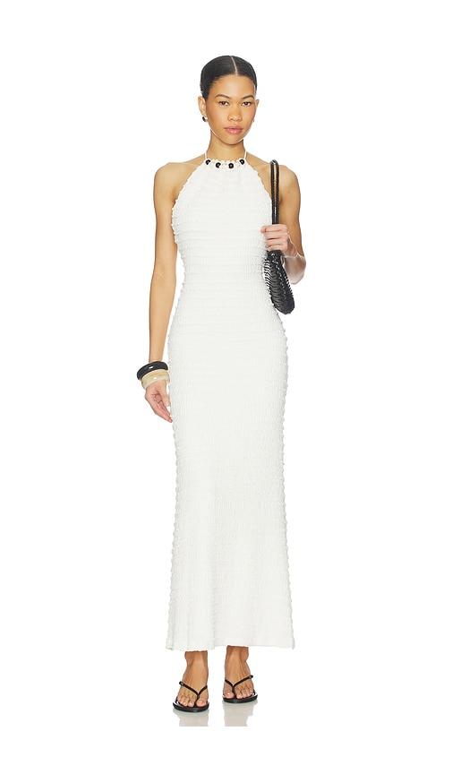 seven wonders adalee ruffle texture maxi dress in white.