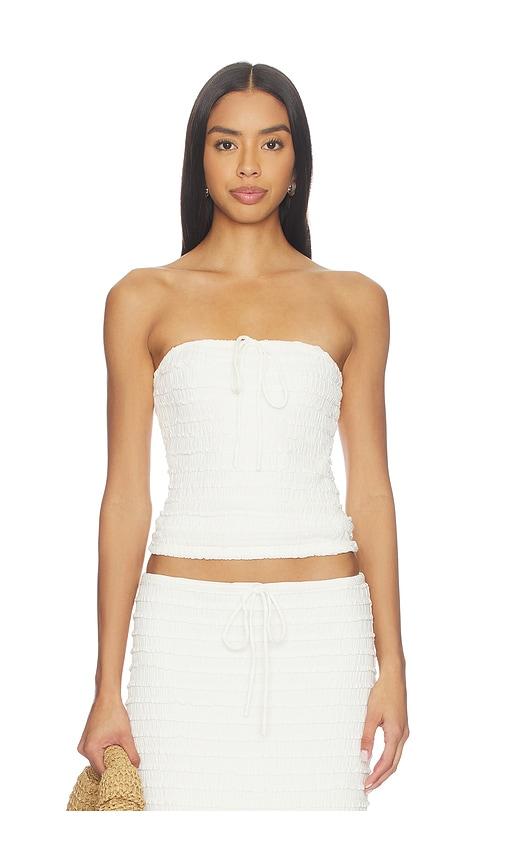 seven wonders adalee ruffle texture strapless top in white.