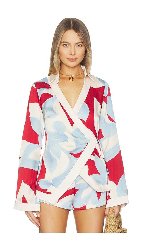 seven wonders amoree long sleeve wrap shirt in red, baby blue.