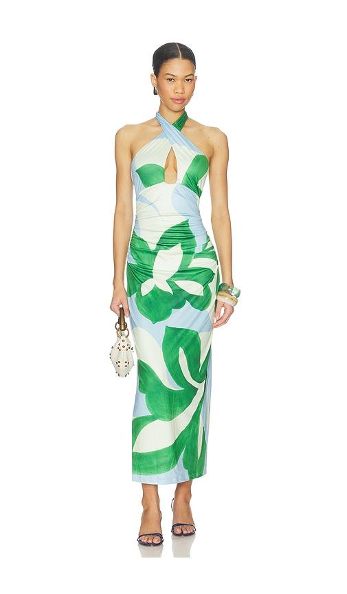 seven wonders aubrie cross front midi dress in green, baby blue.