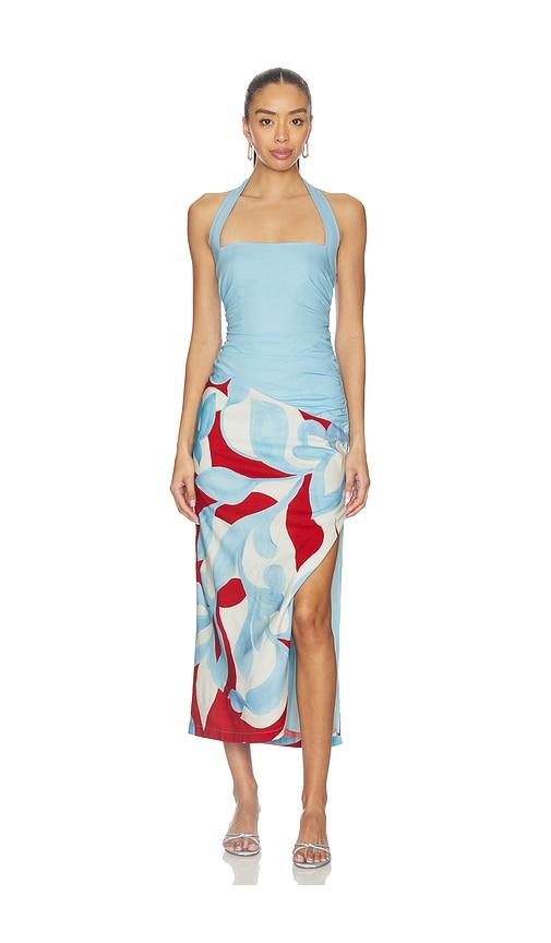 seven wonders evie halter ruched midi dress in blue,red.