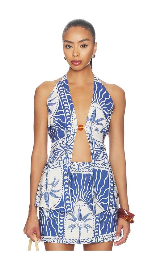 seven wonders joanna open front halter top in blue.