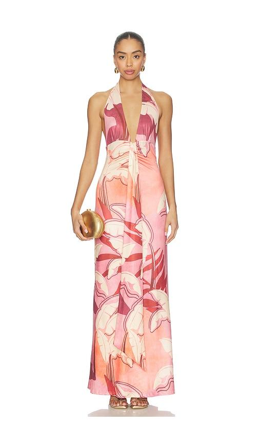 seven wonders kaeli tie front halter maxi dress in pink.