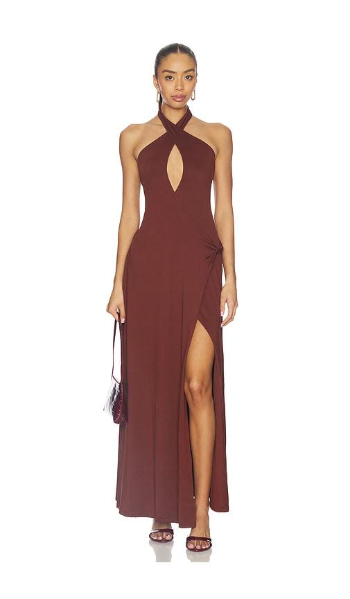 seven wonders kamilla keyhole twist maxi dress in chocolate.