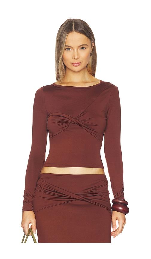 seven wonders kamilla twist long sleeve top in chocolate.