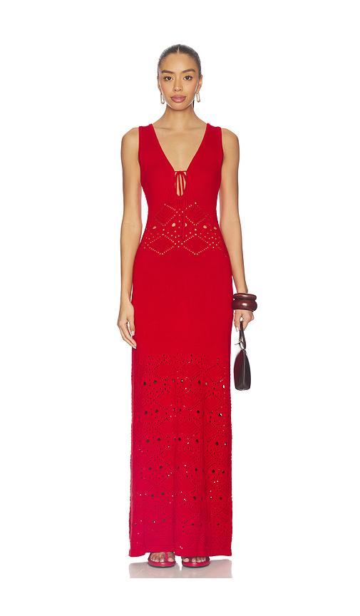 seven wonders milah v-neck knit maxi dress in red.