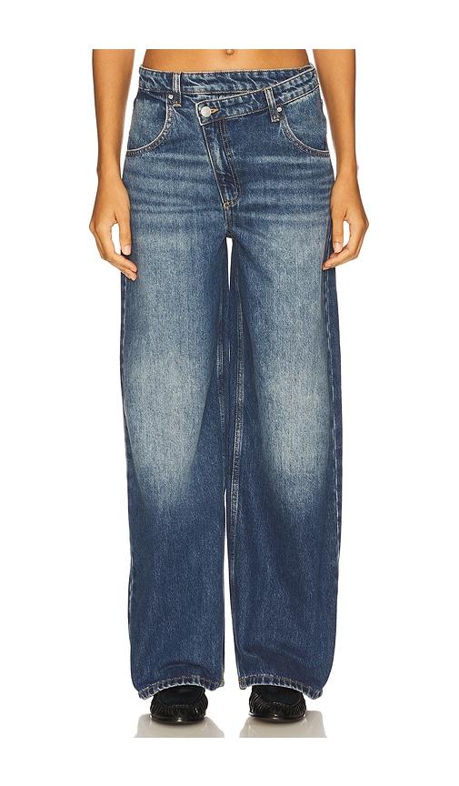 seventy + mochi cross over lia wide leg jeans in blue.