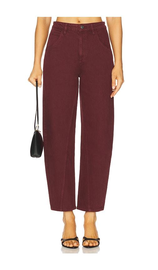 seventy + mochi twisted bo wide leg jeans in burgundy.