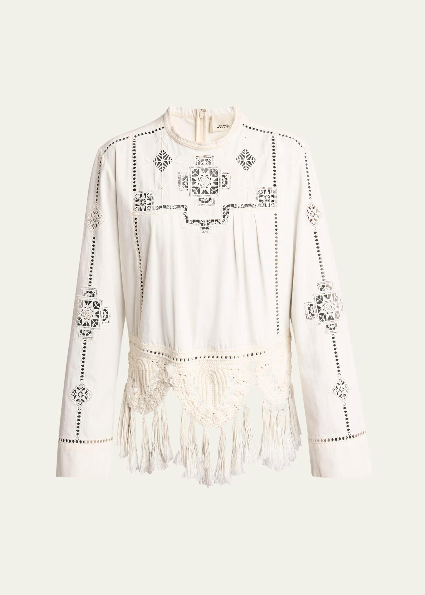 severine crochet fringe-hem long-sleeve blouse