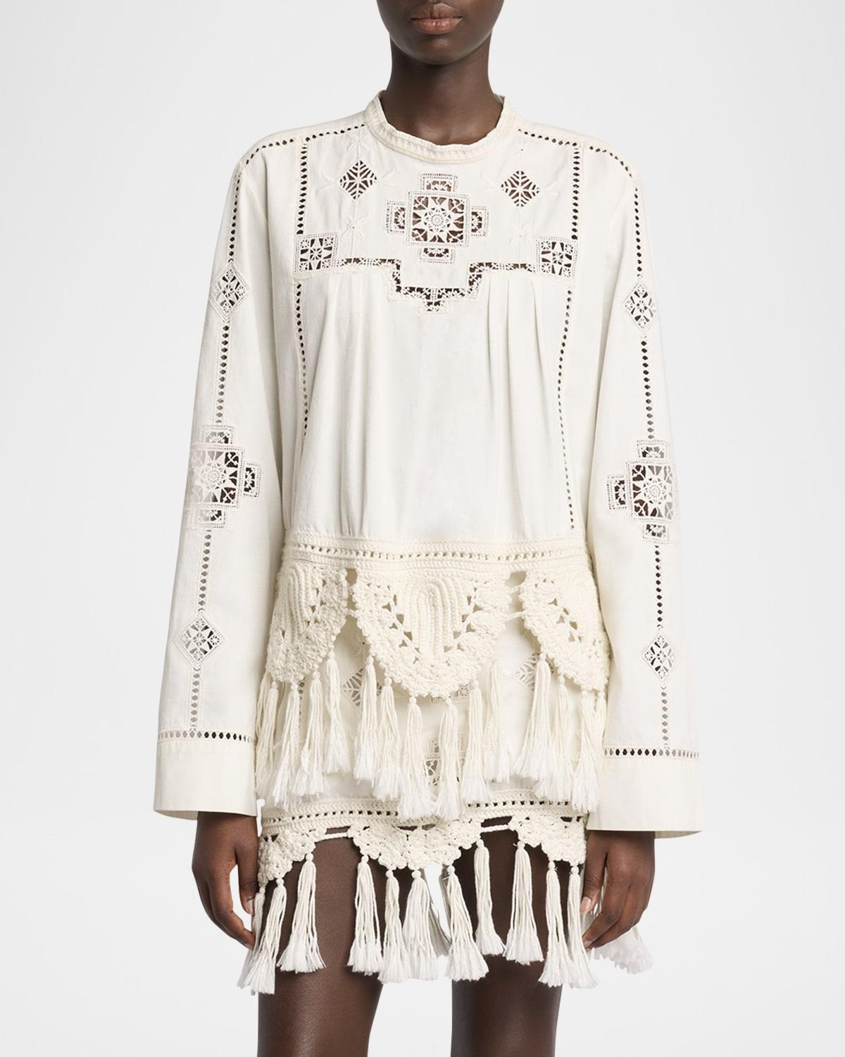 severine crochet fringe-hem long-sleeve blouse