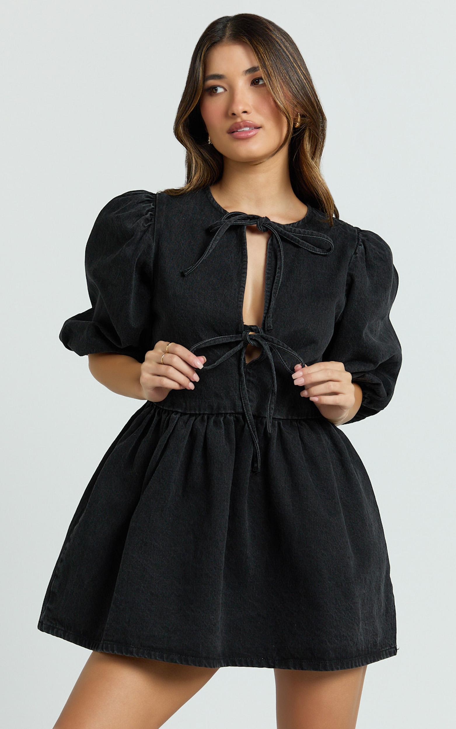shailene mini dress - tie front puff sleeve recycled denim dress in black wash panel