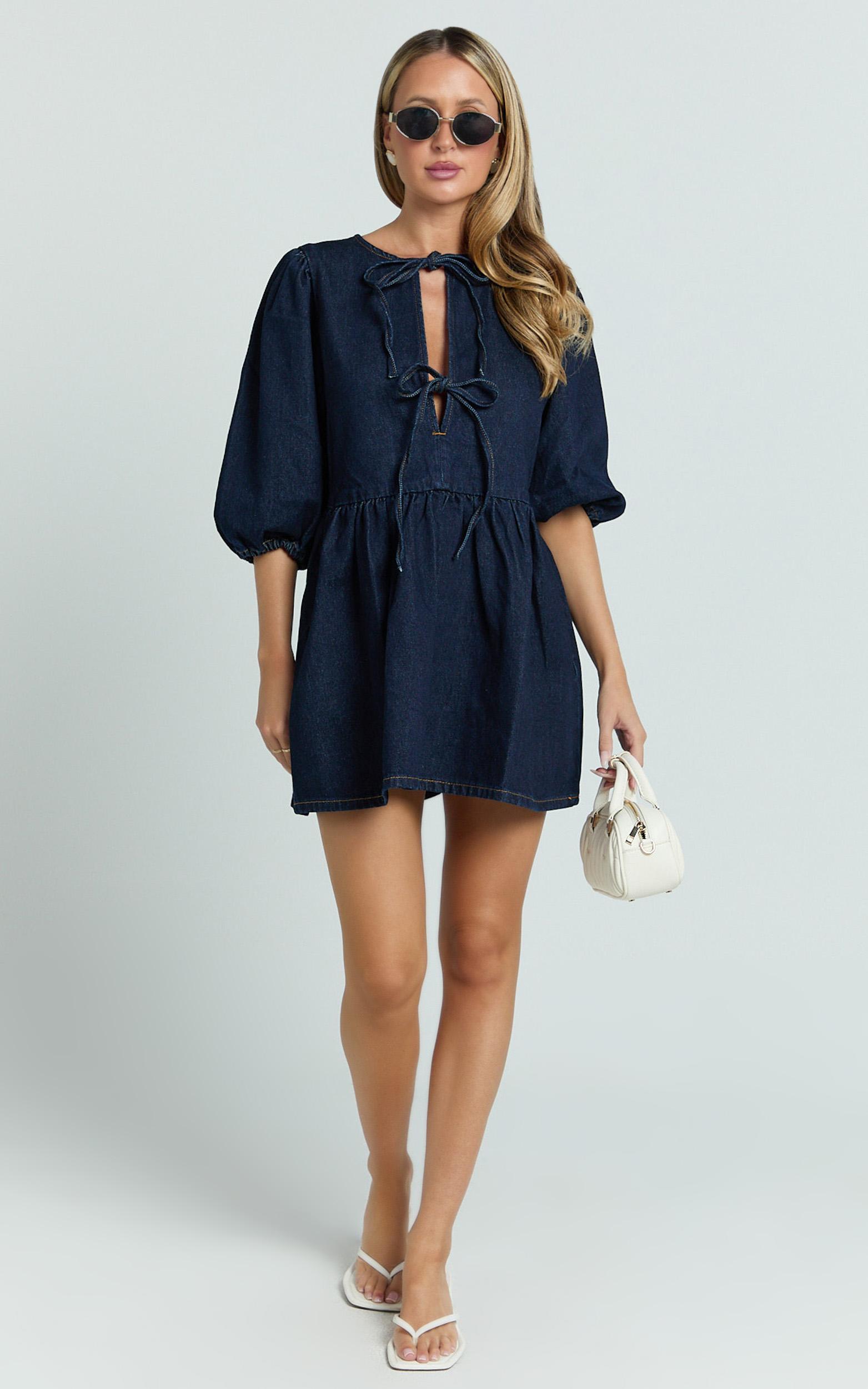 shailene mini dress - tie front puff sleeve recycled denim dress in raw indigo